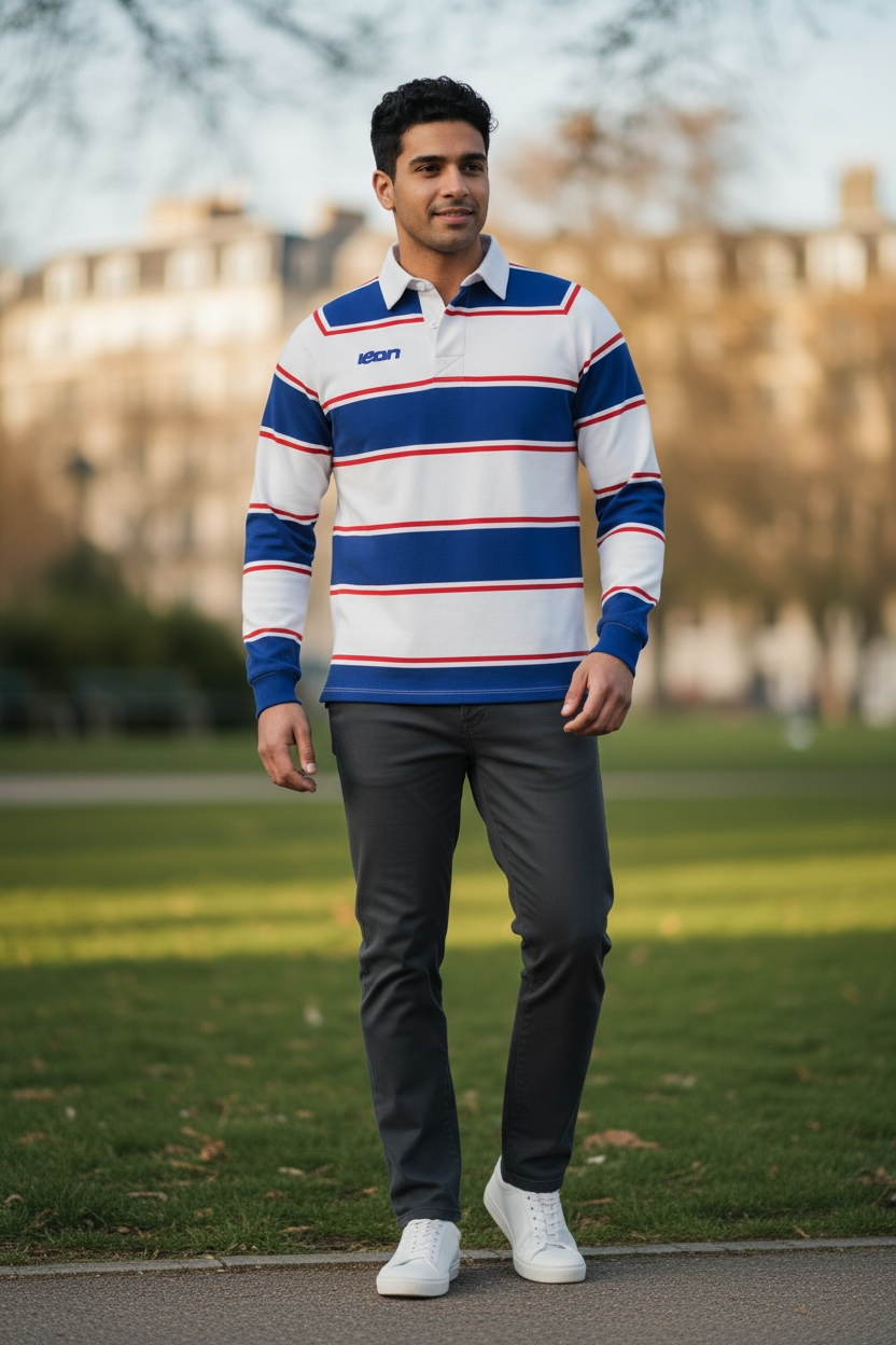 Model wearing a blue, white and red ICON rugby top