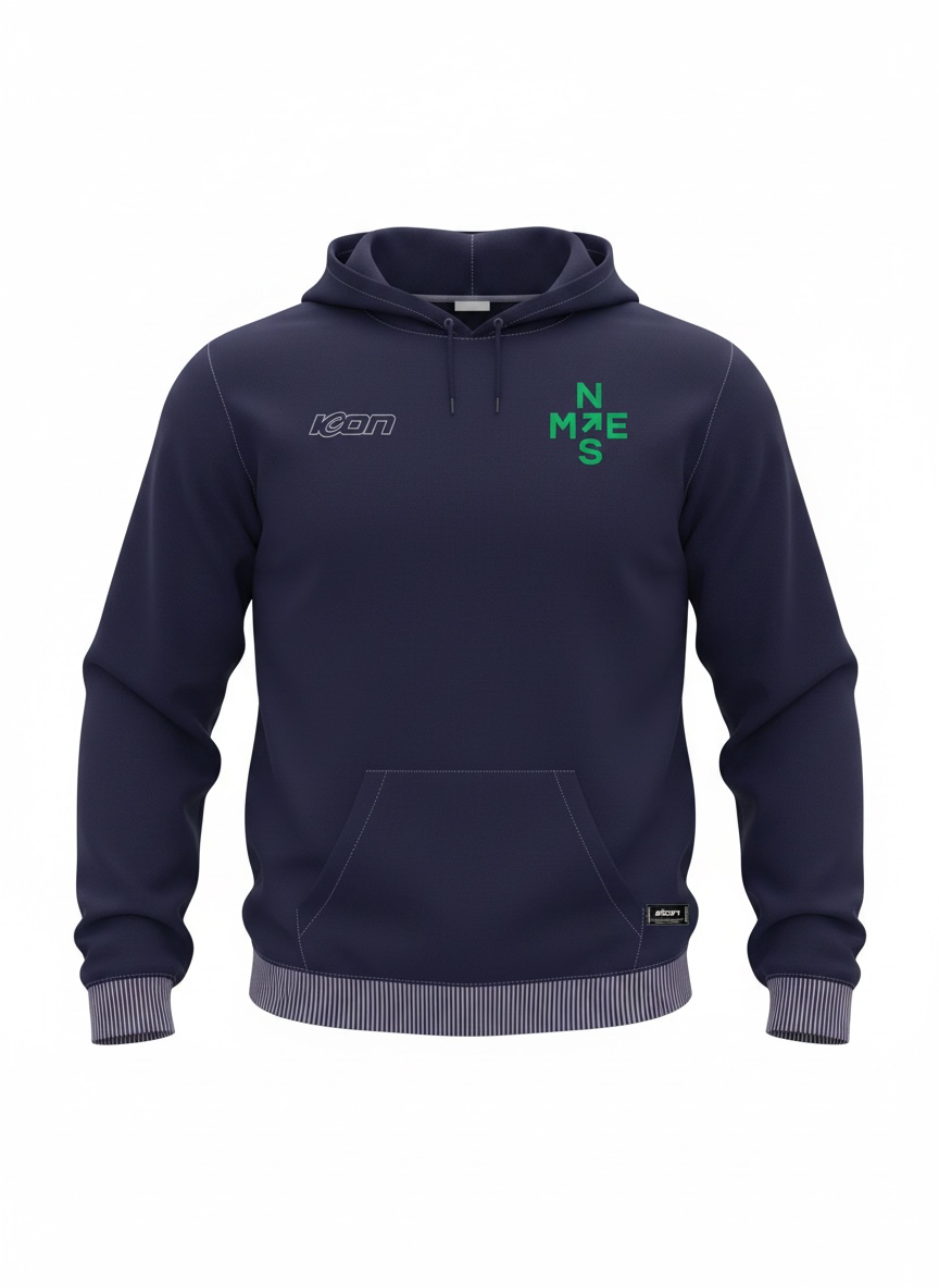 Navy ICON hoodie with green chest branding and pouch pocket