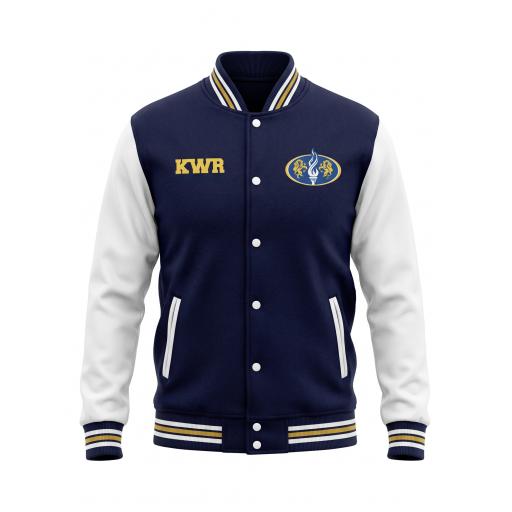 Navy varsity jacket with white sleeves, striped trims and school crest, from the current ICON Education page