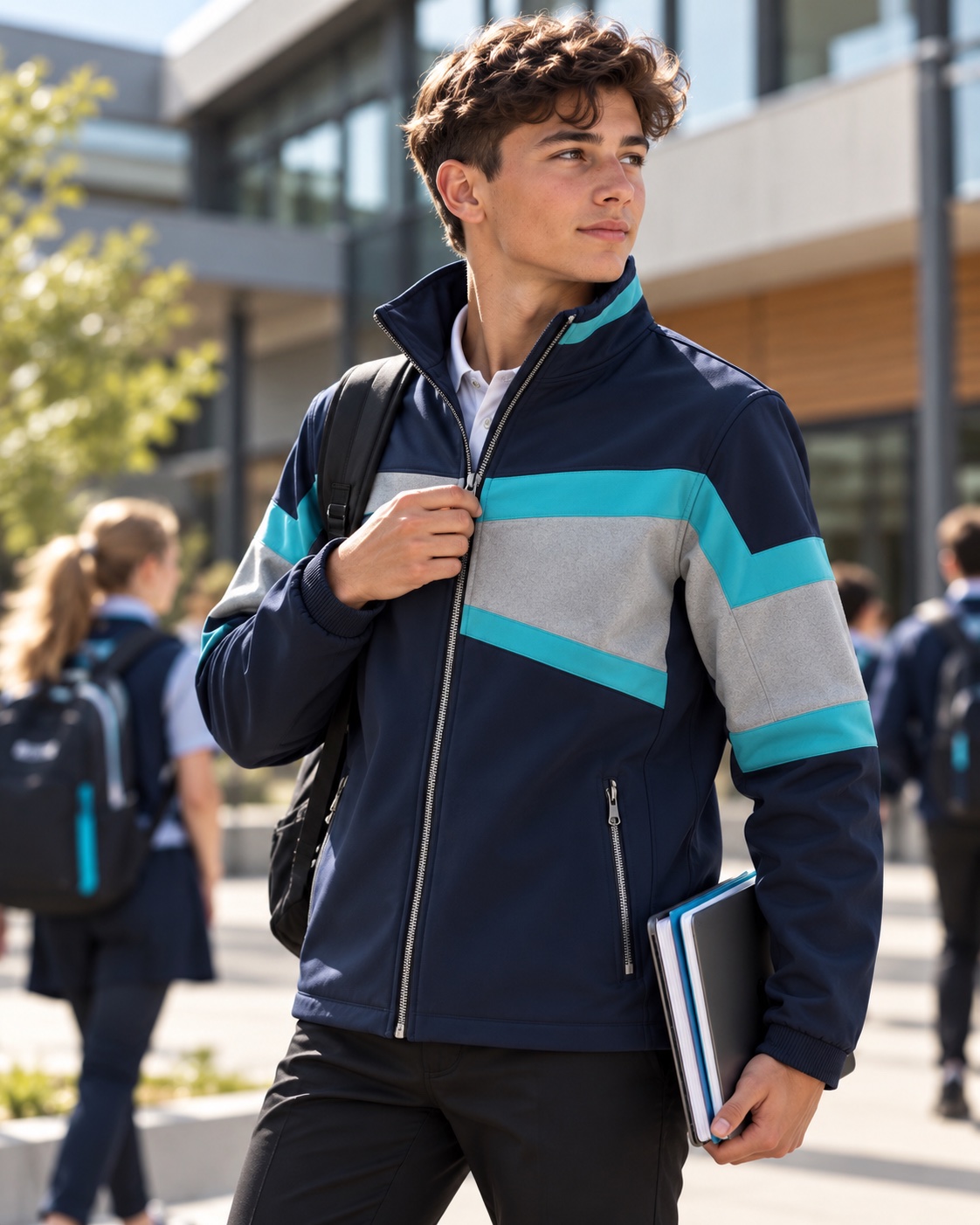 Student wearing a navy and teal zip layer as an illustrative fleece direction