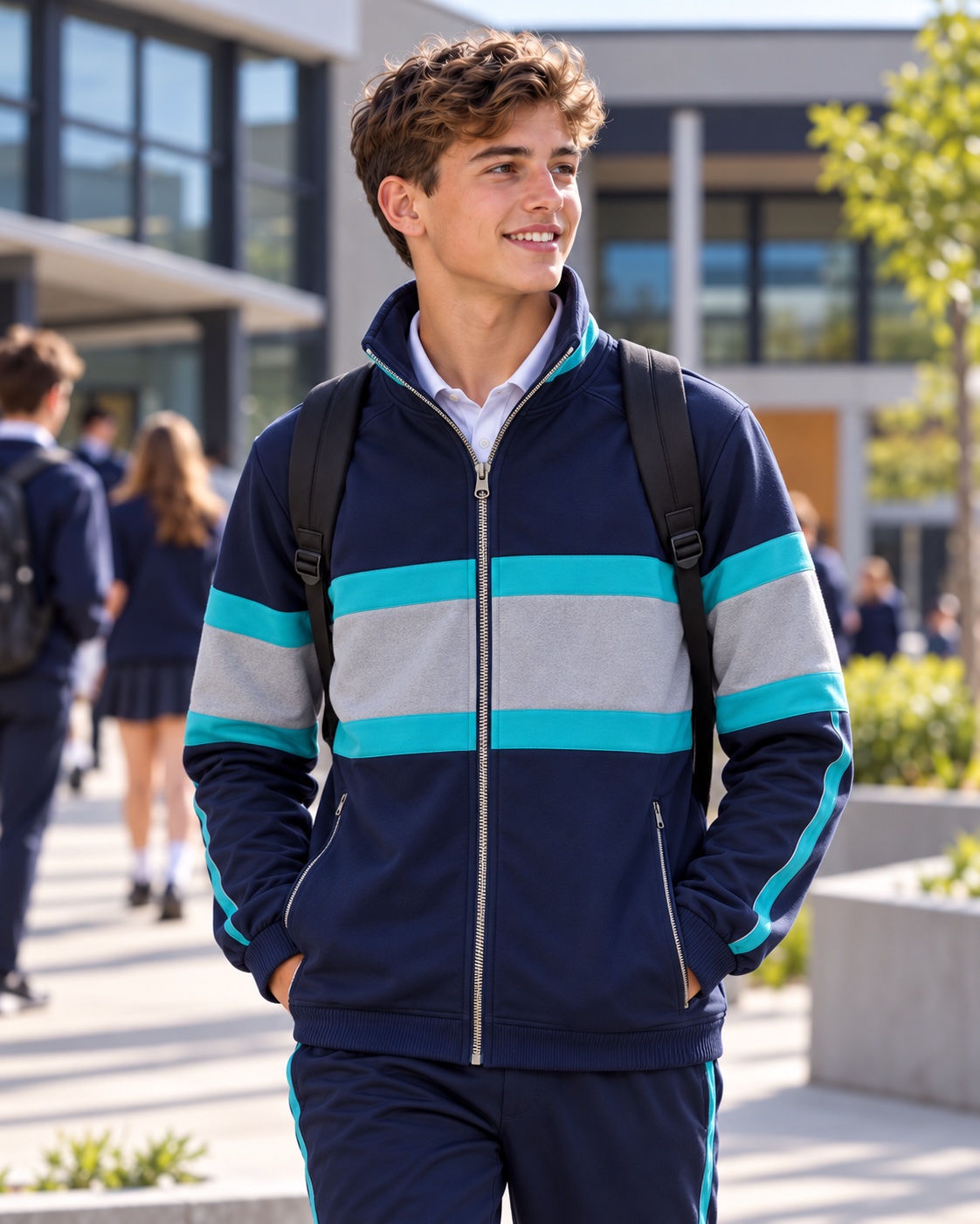 Student wearing a navy and teal zip tracksuit jacket