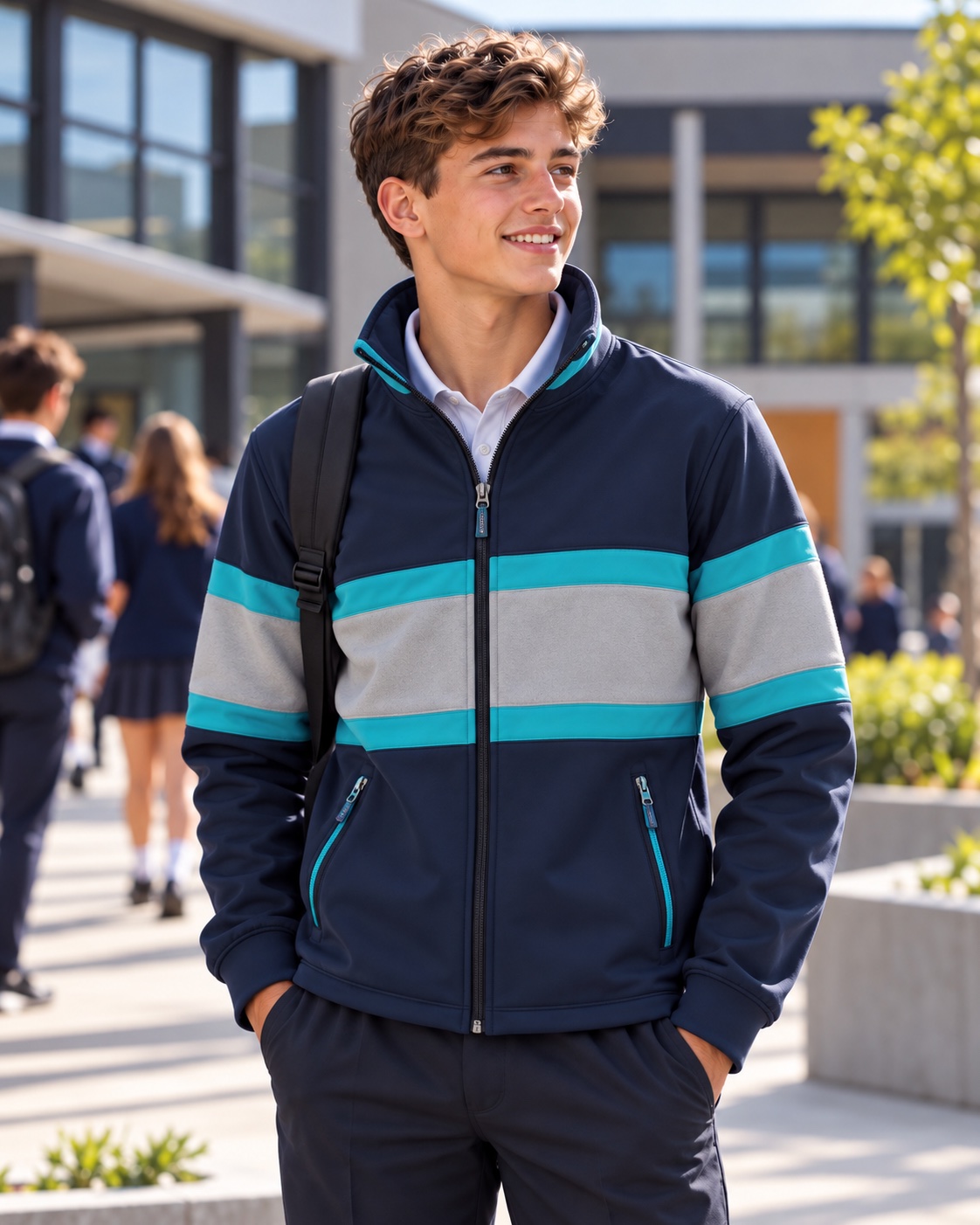 Student wearing a navy and teal full zip mid-layer
