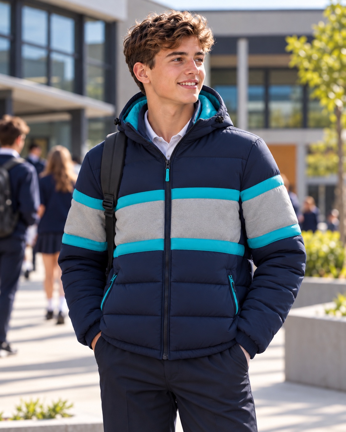 Student wearing a navy, grey and teal hooded puffer jacket