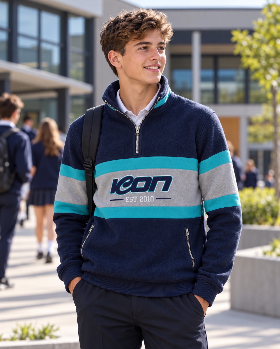Student wearing a navy and teal quarter zip top