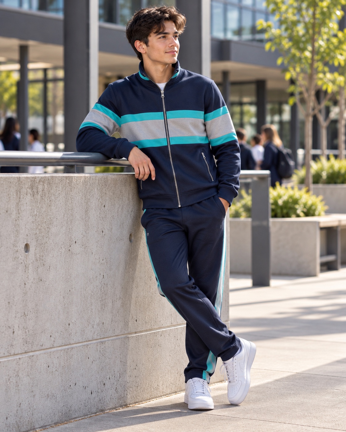Student wearing a navy and teal school tracksuit jacket and matching pants
