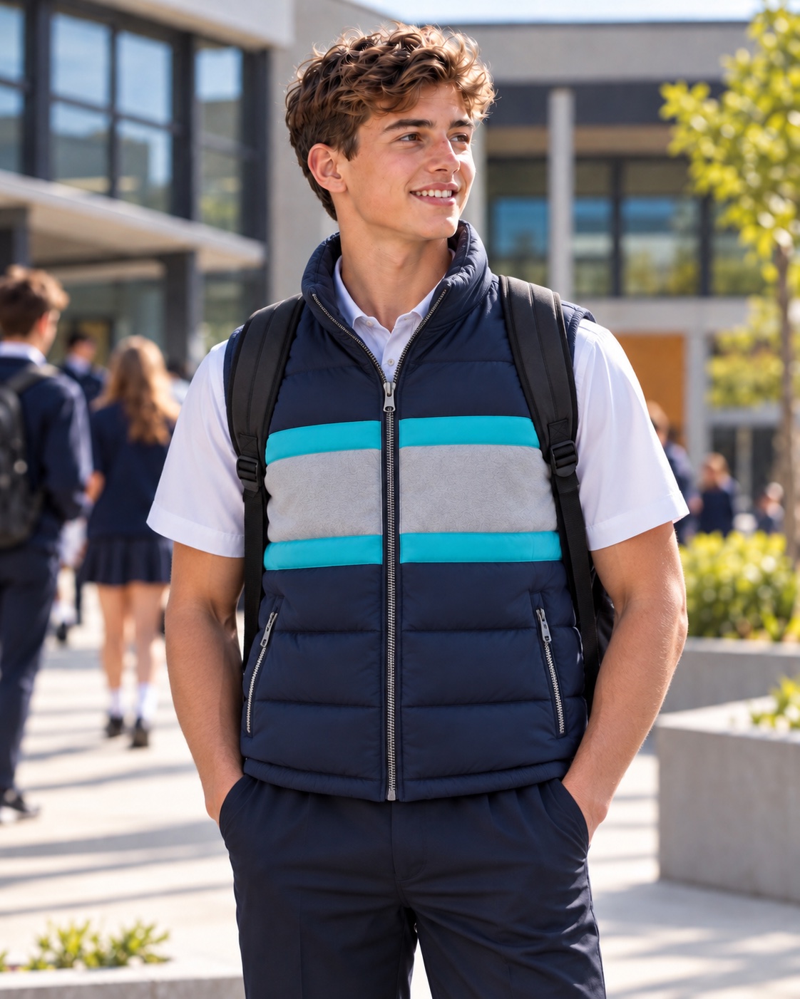 Student wearing a navy, grey and teal padded vest