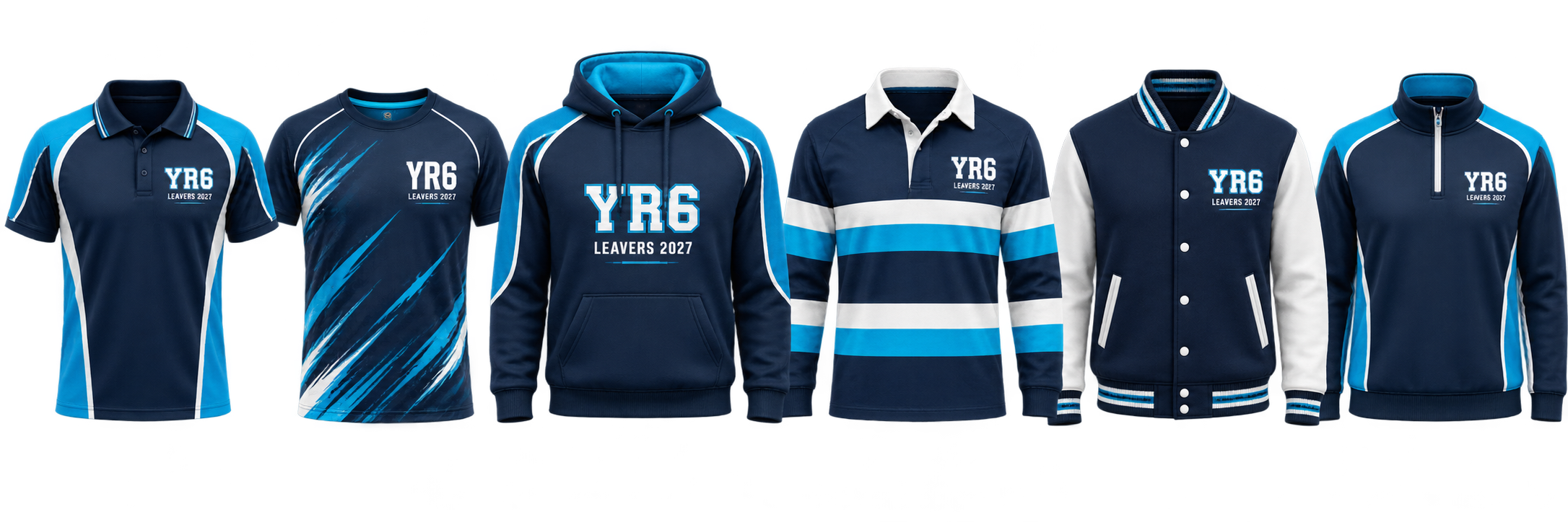 Illustrative line-up of a Year 6 polo, T-shirt, hoodie, rugby top, varsity jacket and quarter-zip